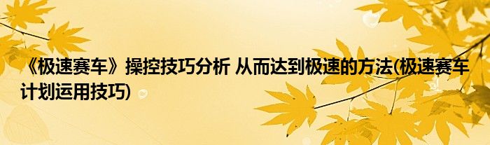 《極速賽車(chē)》操控技巧分析 從而達(dá)到極速的方法(極速賽車(chē)計(jì)劃運(yùn)用技巧)