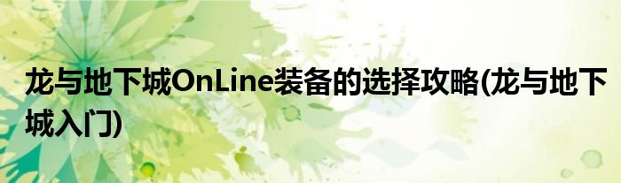 龍與地下城OnLine裝備的選擇攻略(龍與地下城入門)
